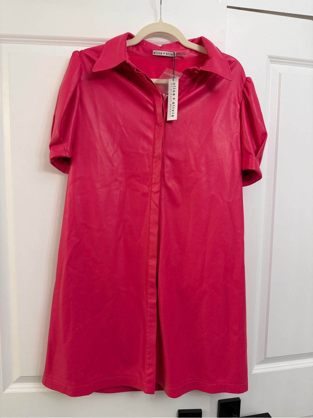 Alice + Olivia Pink Faux Leather Puff Sleeve Shirt Dress NWT size Large